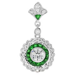 Diamond and Emerald Long Wavy Trim Art Deco Style Pendant in 18K White Gold