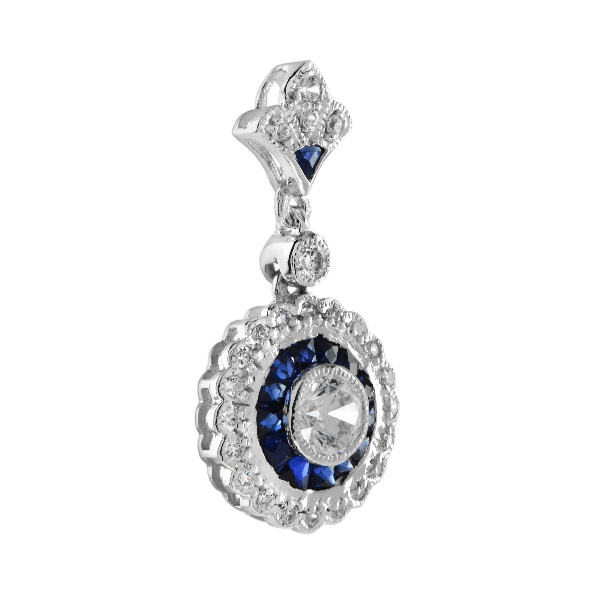 Round Cut Diamond and Sapphire Long Wavy Trim Art Deco Style Pendant in 18K White Gold For Sale
