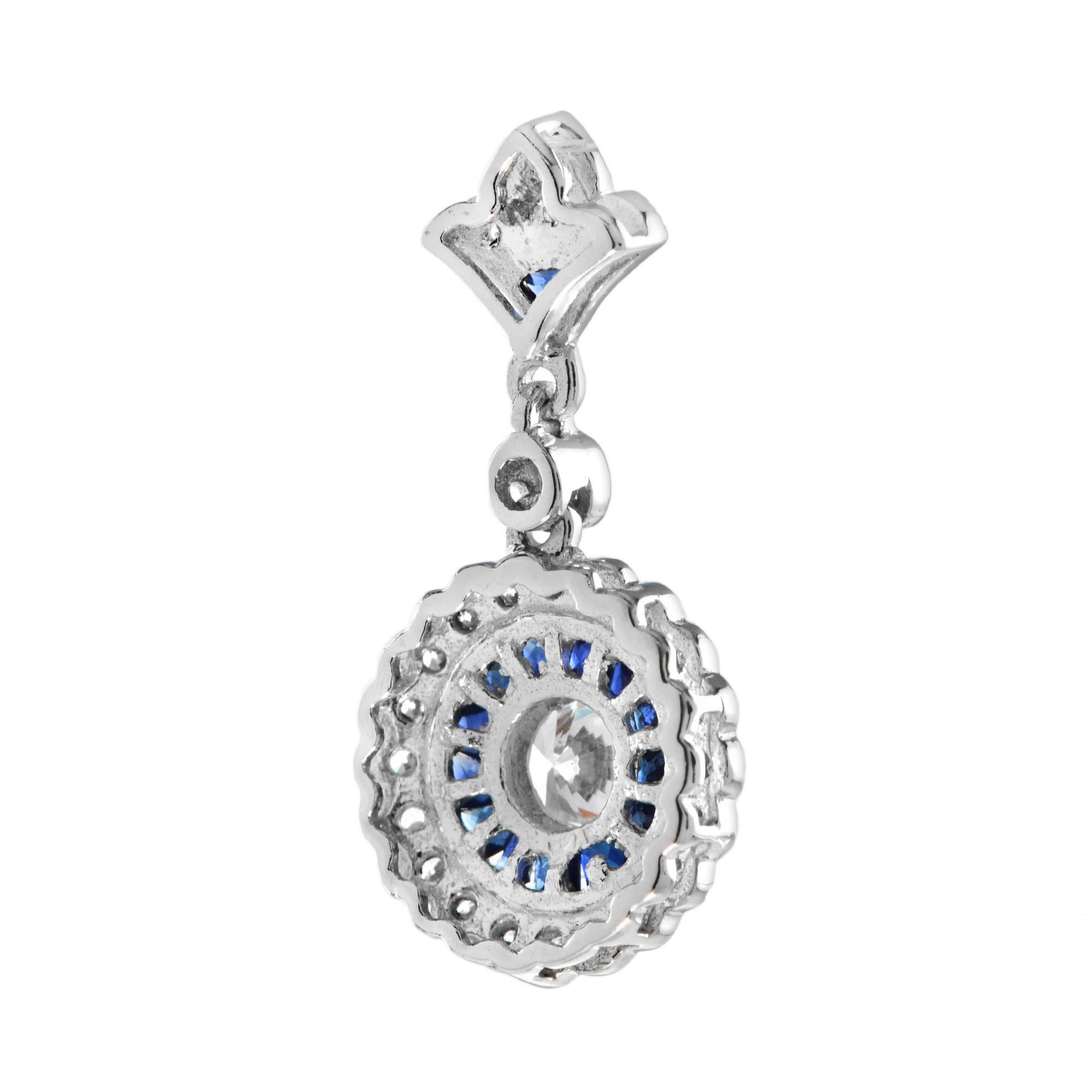 Diamond and Sapphire Long Wavy Trim Art Deco Style Pendant in 18K White Gold In New Condition For Sale In Bangkok, TH