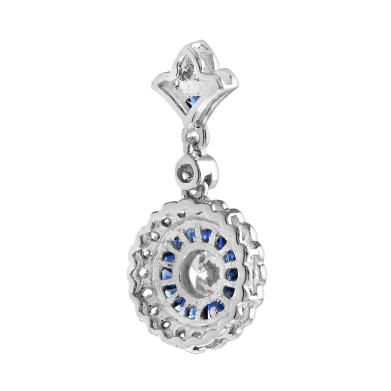 Round Cut Nova F Round Diamond with Sapphire Art Deco Style Pendant in 18K White Gold For Sale