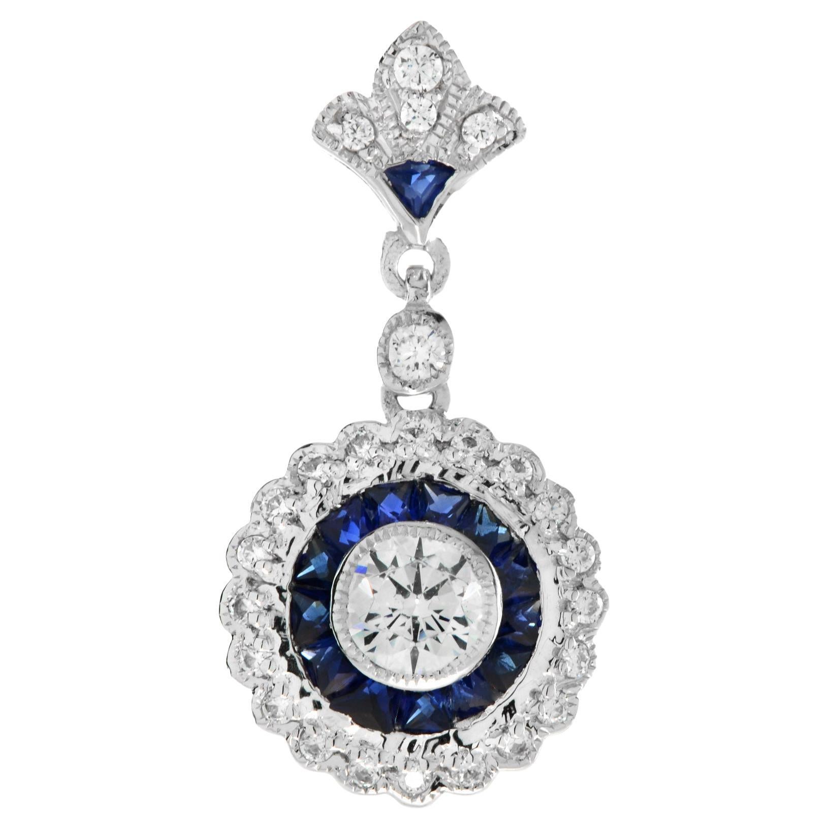 Diamond and Sapphire Long Wavy Trim Art Deco Style Pendant in 18K White Gold For Sale