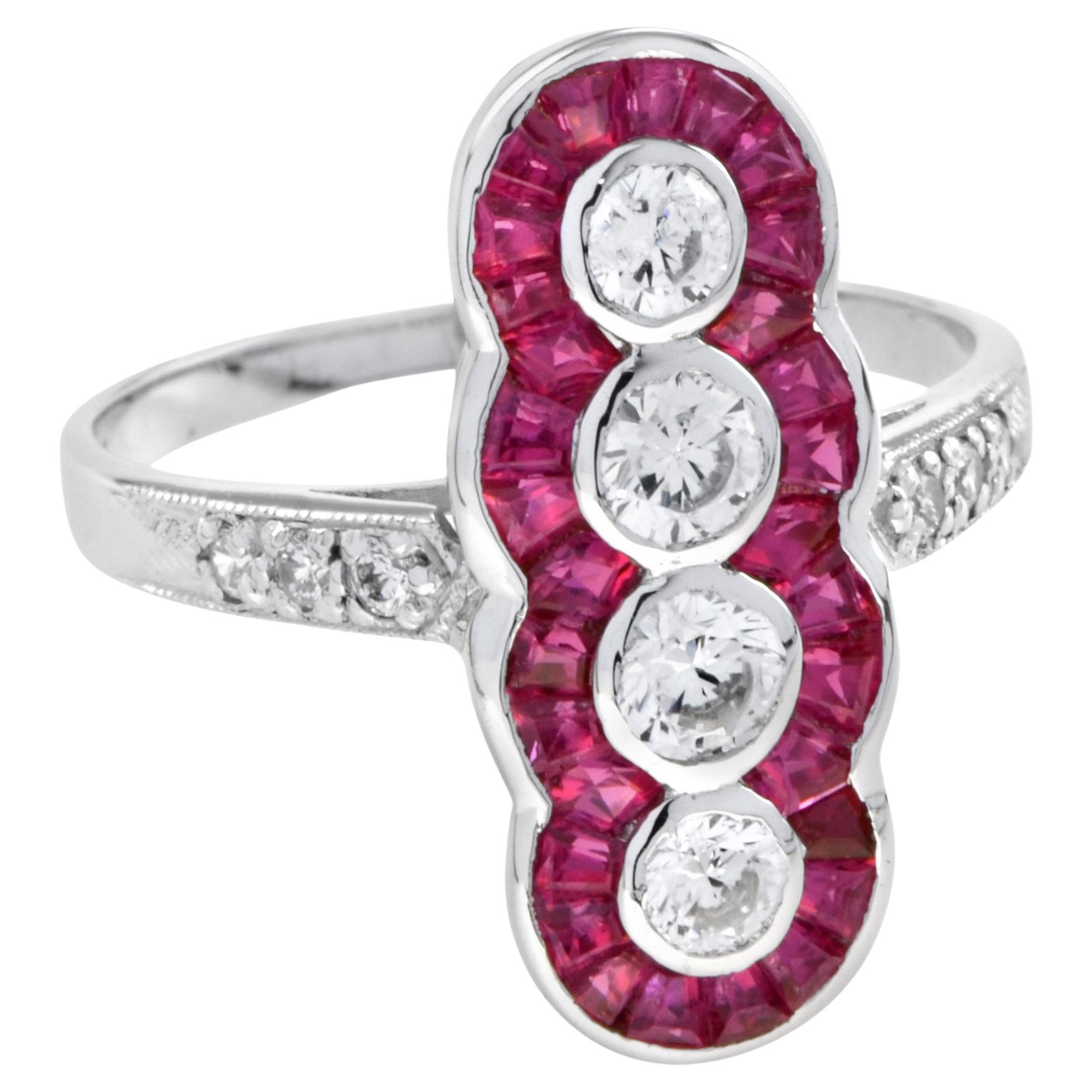 Four Stone Diamond and Ruby Cocktail Ring in 14K White Gold