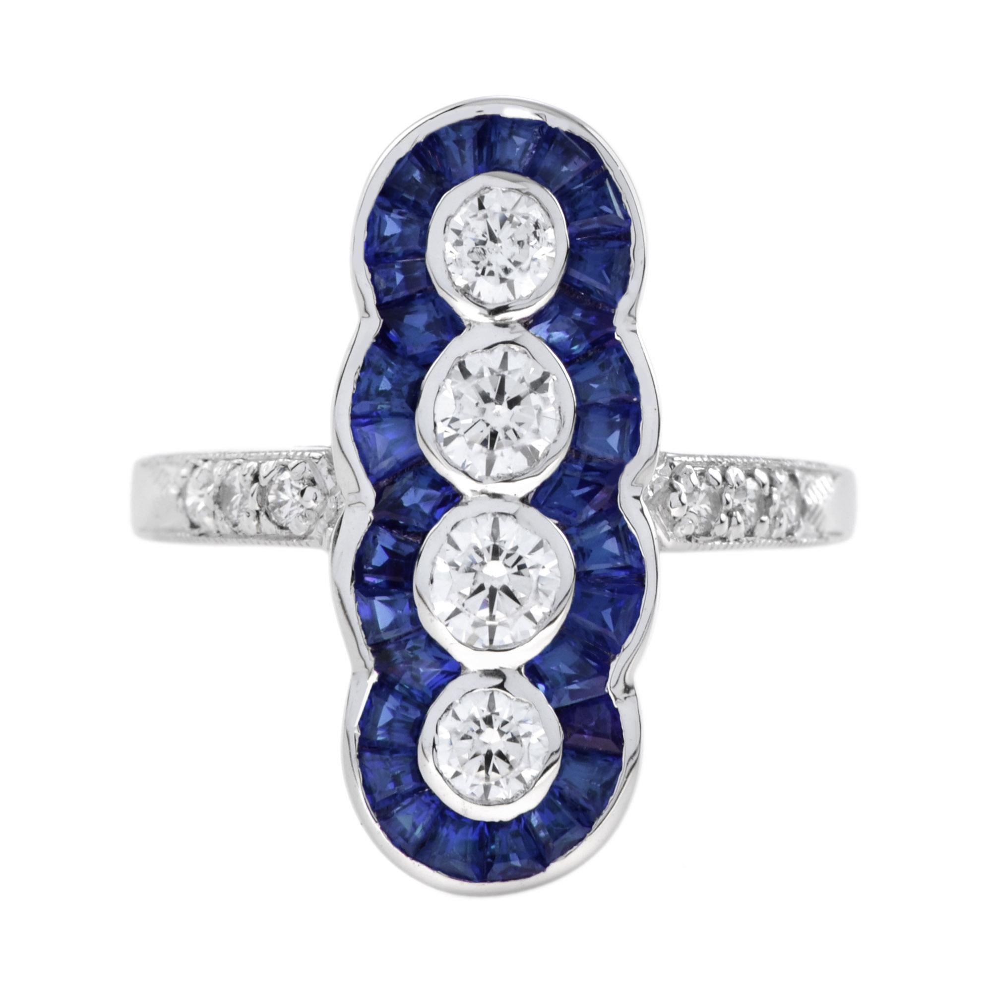 For Sale:  Four Stone Diamond and Sapphire Cocktail Ring in 14K White Gold 8