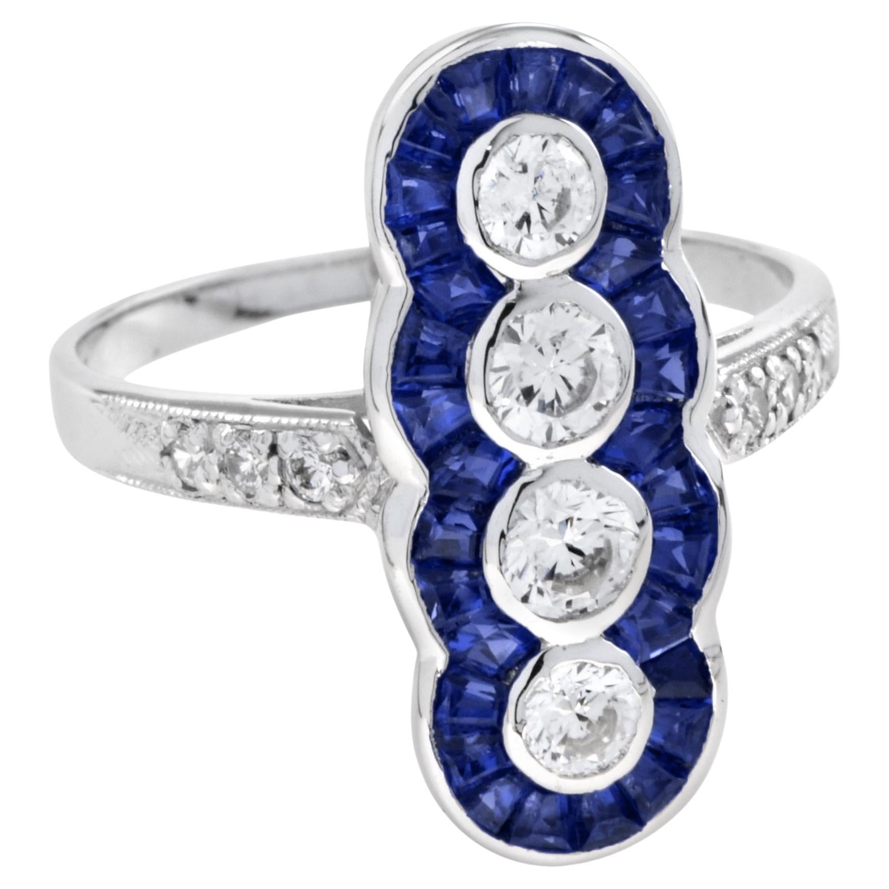 Four Stone Diamond and Sapphire Cocktail Ring in 14K White Gold
