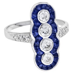 Anello cocktail con quattro pietre, diamanti e zaffiri, in oro bianco 14K