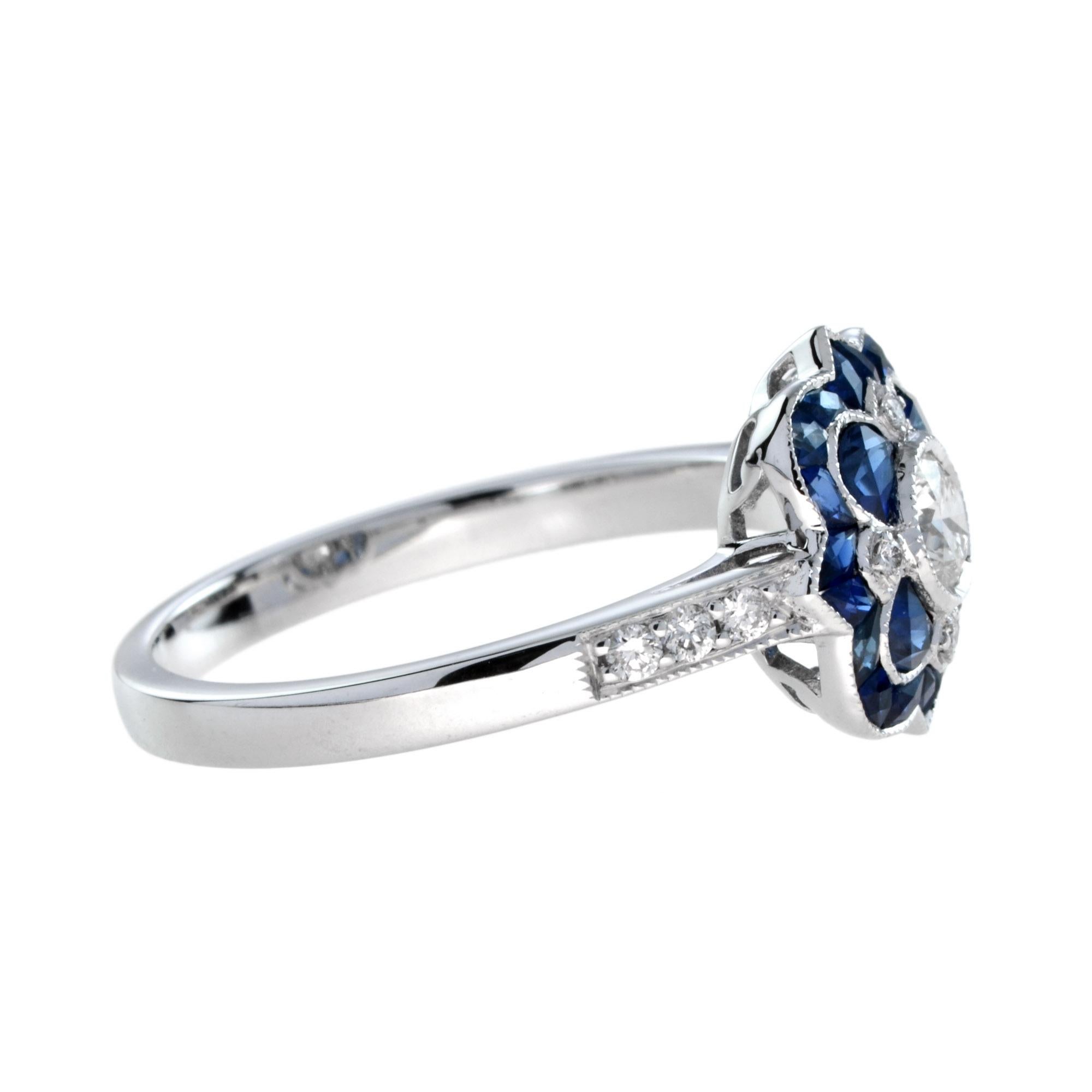 For Sale:  Art Deco Style Diamond and Sapphire Ring in 18K White Gold 6