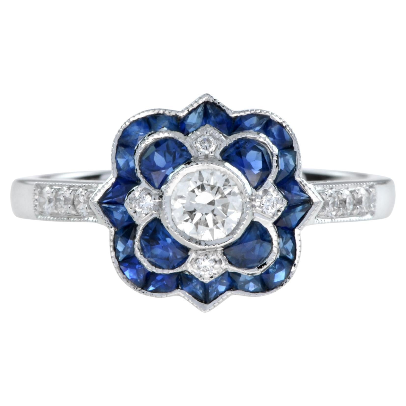 Art Deco Style Diamond and Sapphire Ring in 18K White Gold