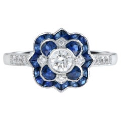 Art Deco Style Diamond and Sapphire Ring in 18K White Gold