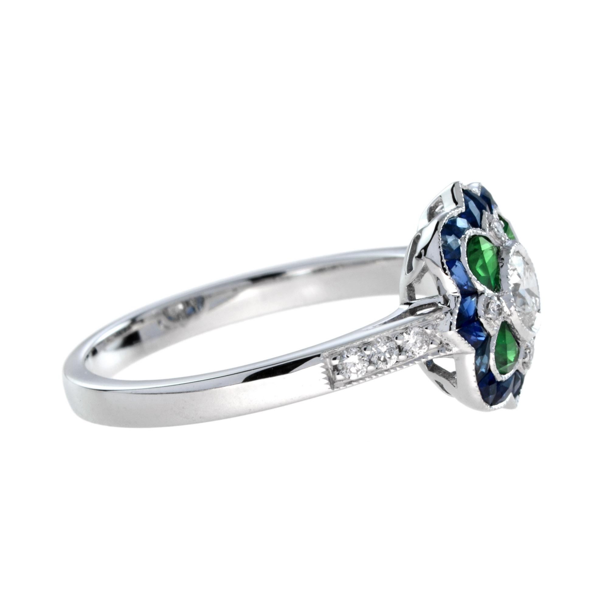 For Sale:  Art Deco Style Diamond with Emerald and Sapphire Ring in 18K White Gold 4