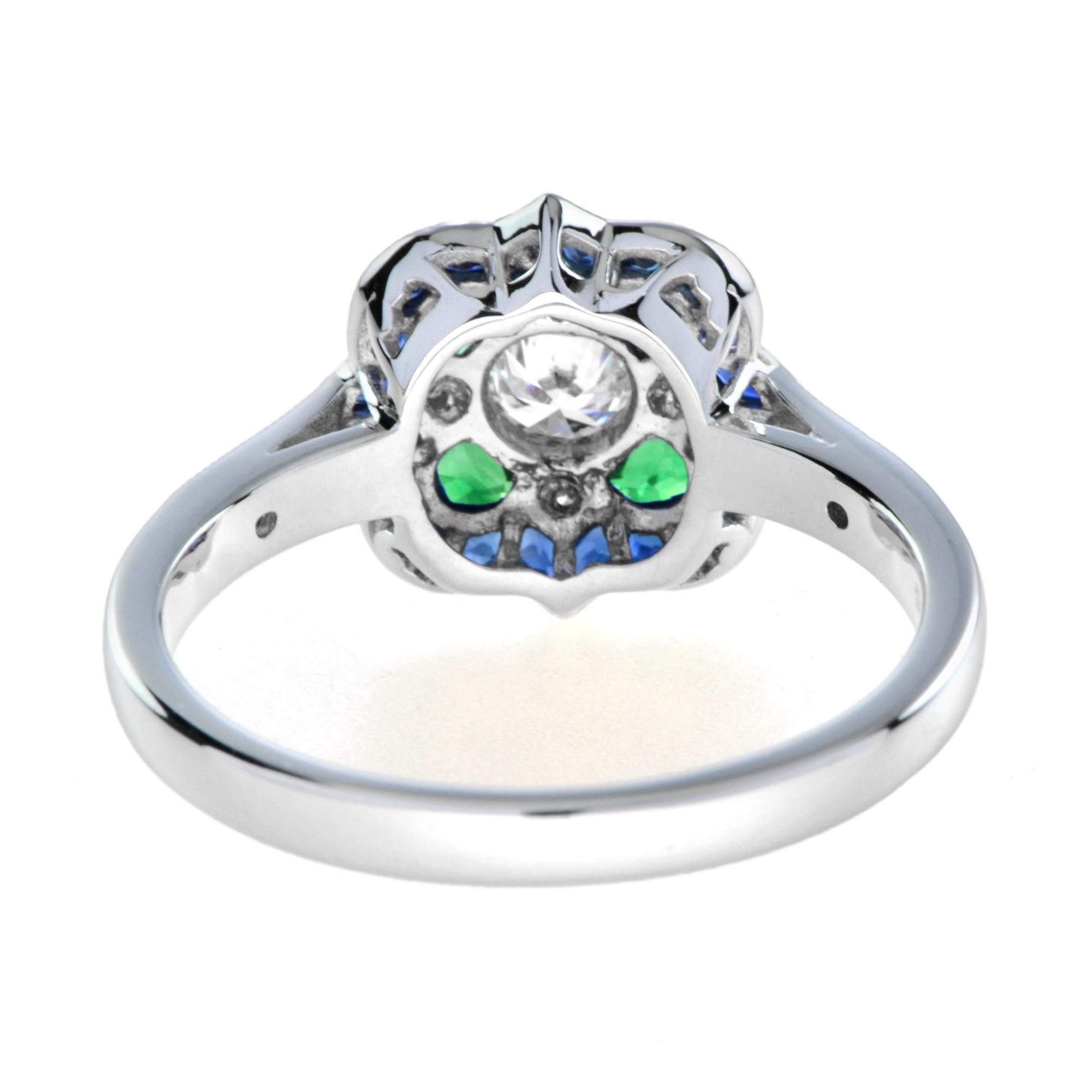 For Sale:  Art Deco Style Diamond with Emerald and Sapphire Ring in 18K White Gold 5