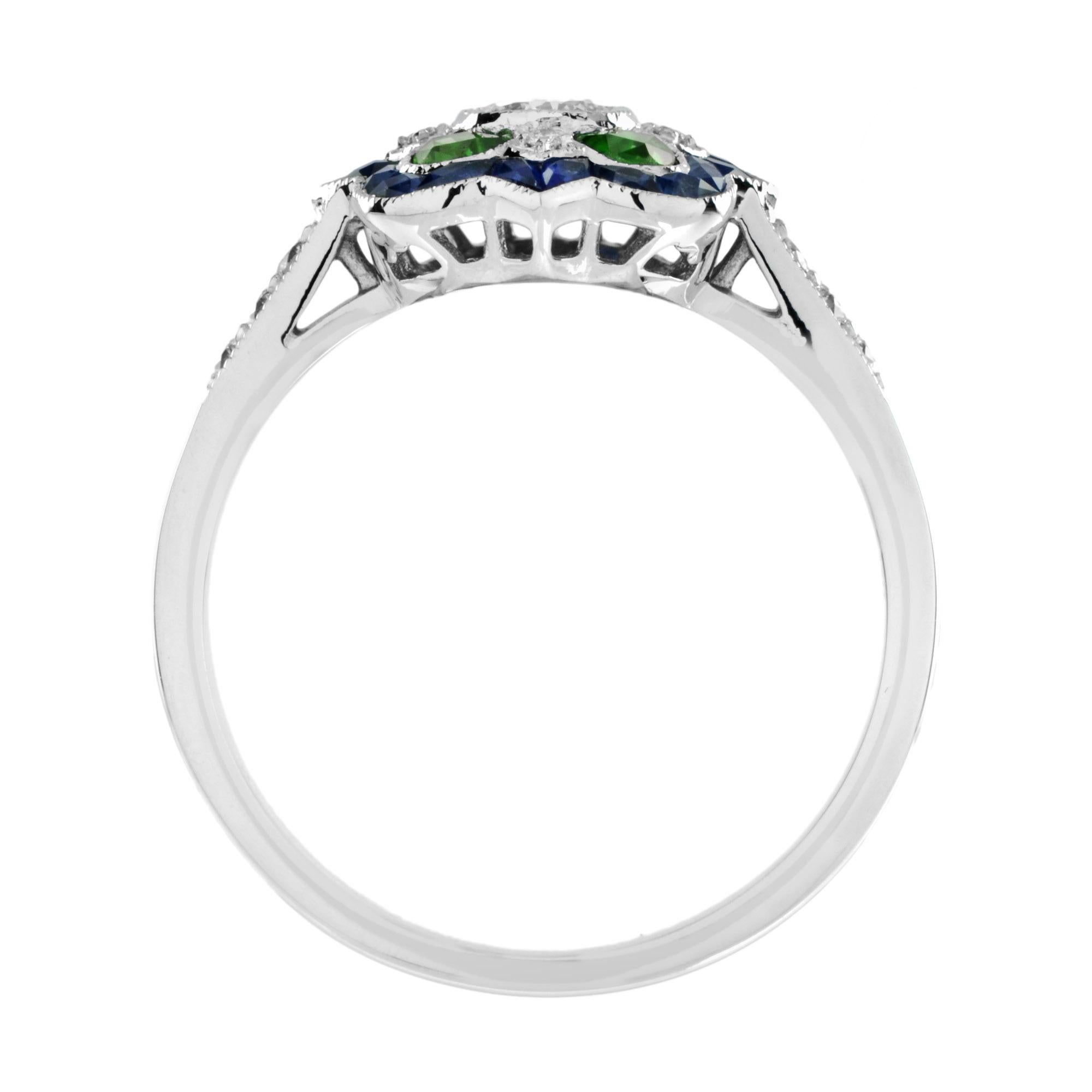 For Sale:  Art Deco Style Diamond with Emerald and Sapphire Ring in 18K White Gold 6