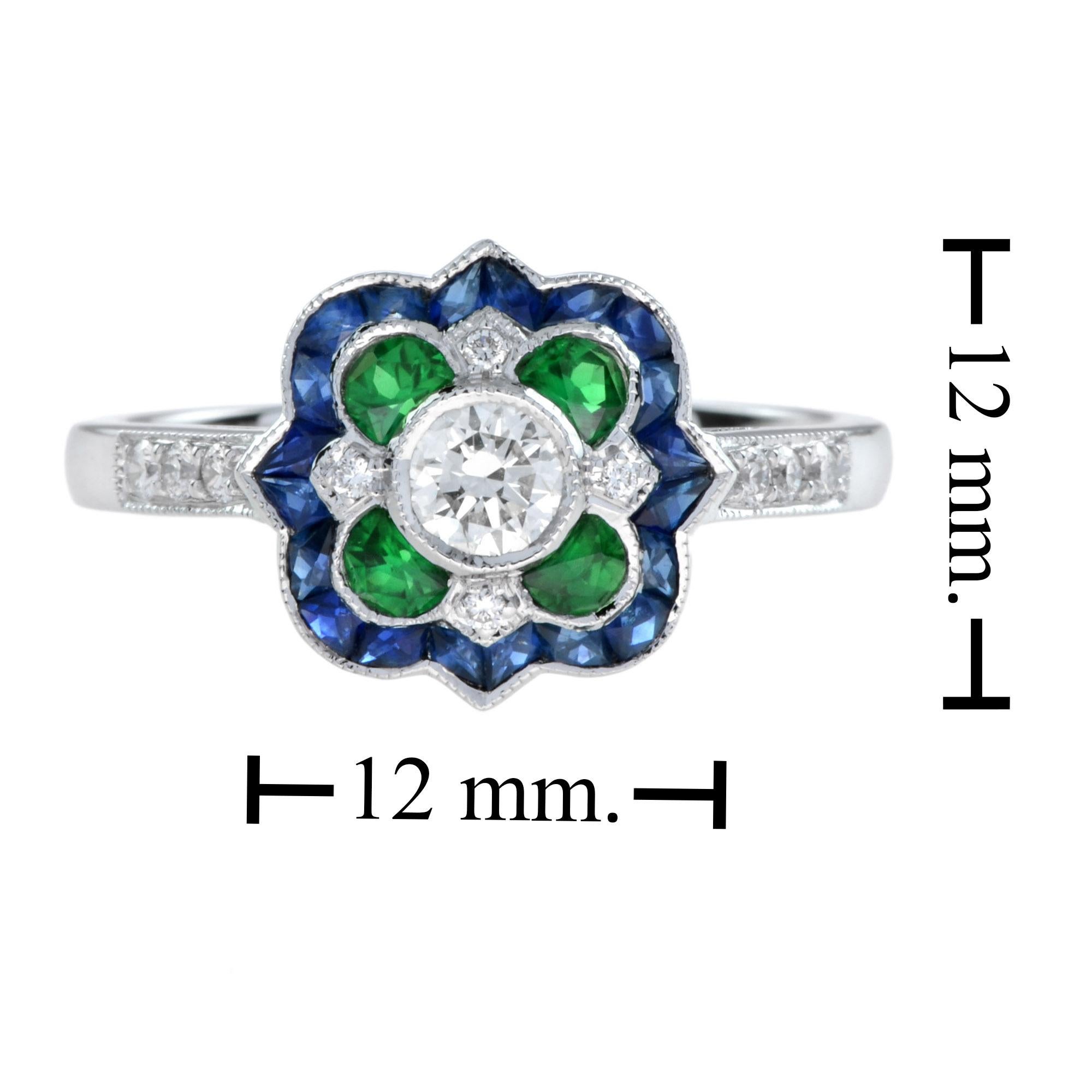 For Sale:  Art Deco Style Diamond with Emerald and Sapphire Ring in 18K White Gold 7