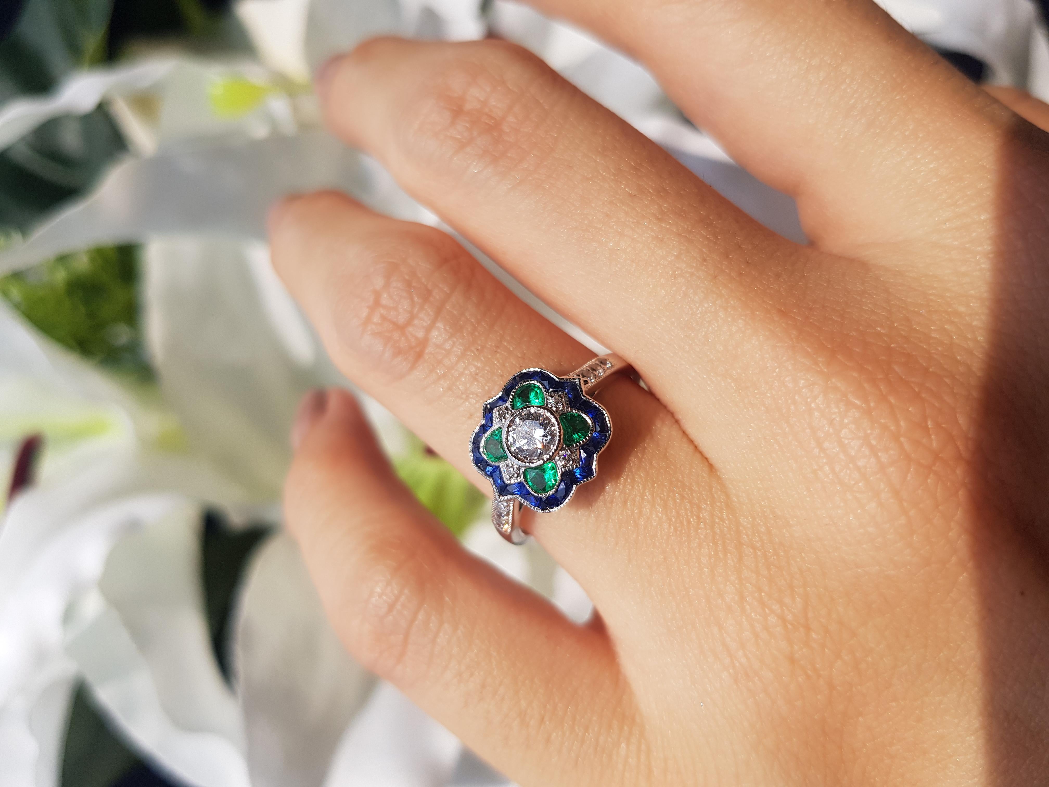 For Sale:  Art Deco Style Diamond with Emerald and Sapphire Ring in 18K White Gold 2