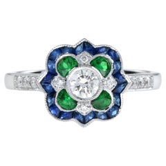 Nova Geo Art Deco Style Diamond with Emerald and Sapphire Ring in 18K White Gold