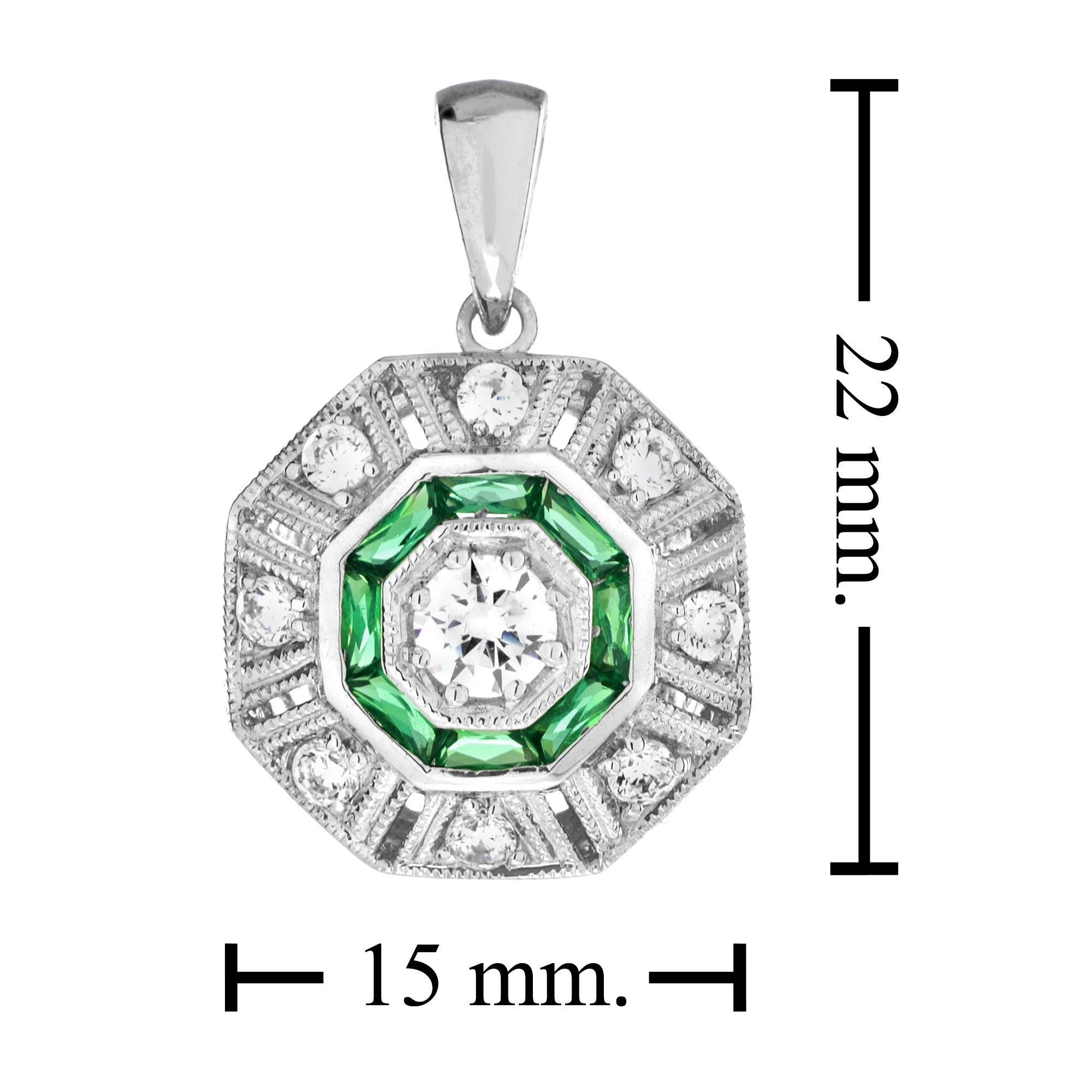 Round Cut Diamond and Emerald Art Deco Style Octagon Target Pendant in 14K White Gold For Sale