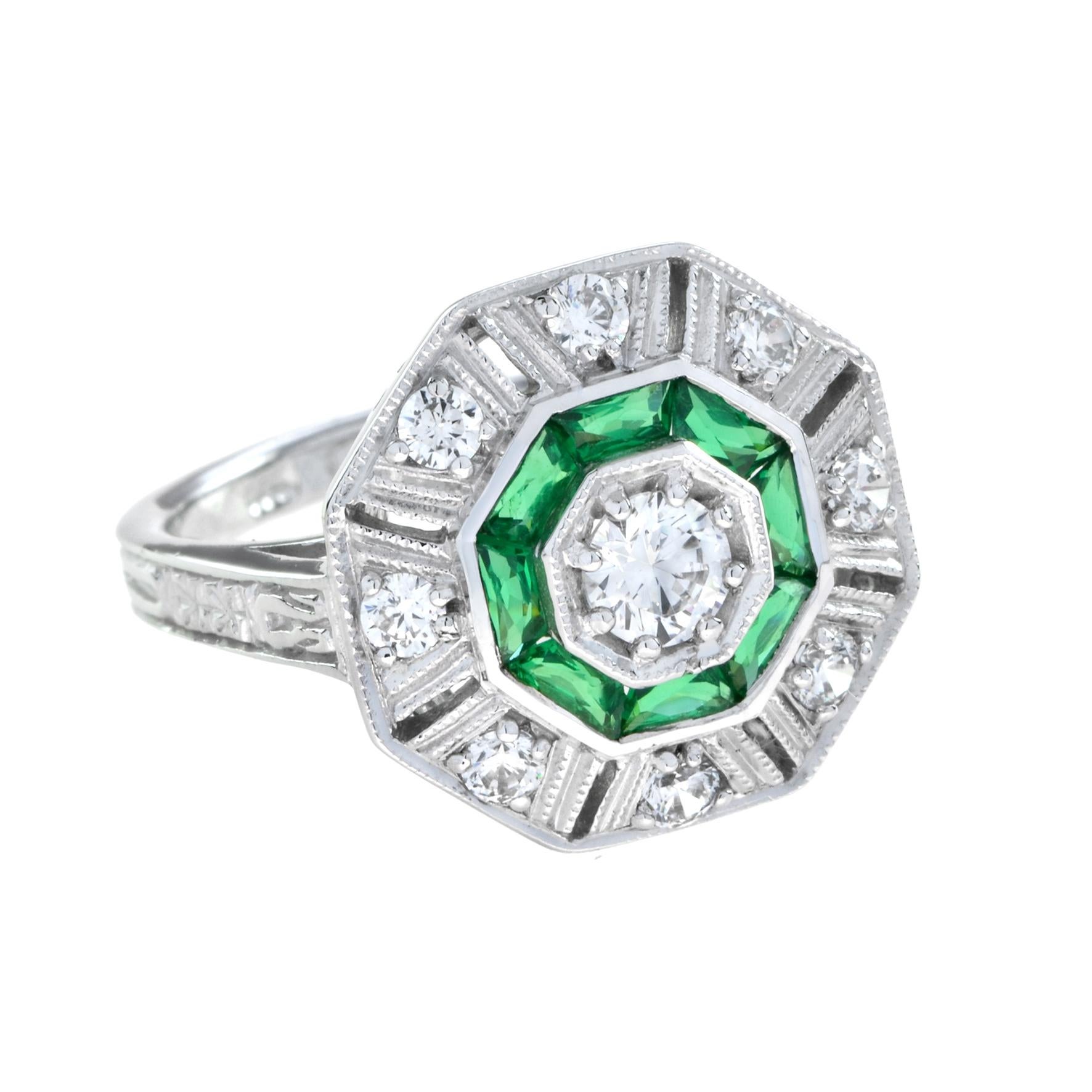 For Sale:  Diamond and Emerald Art Deco Style Octagon Target Ring in 18K White Gold  3