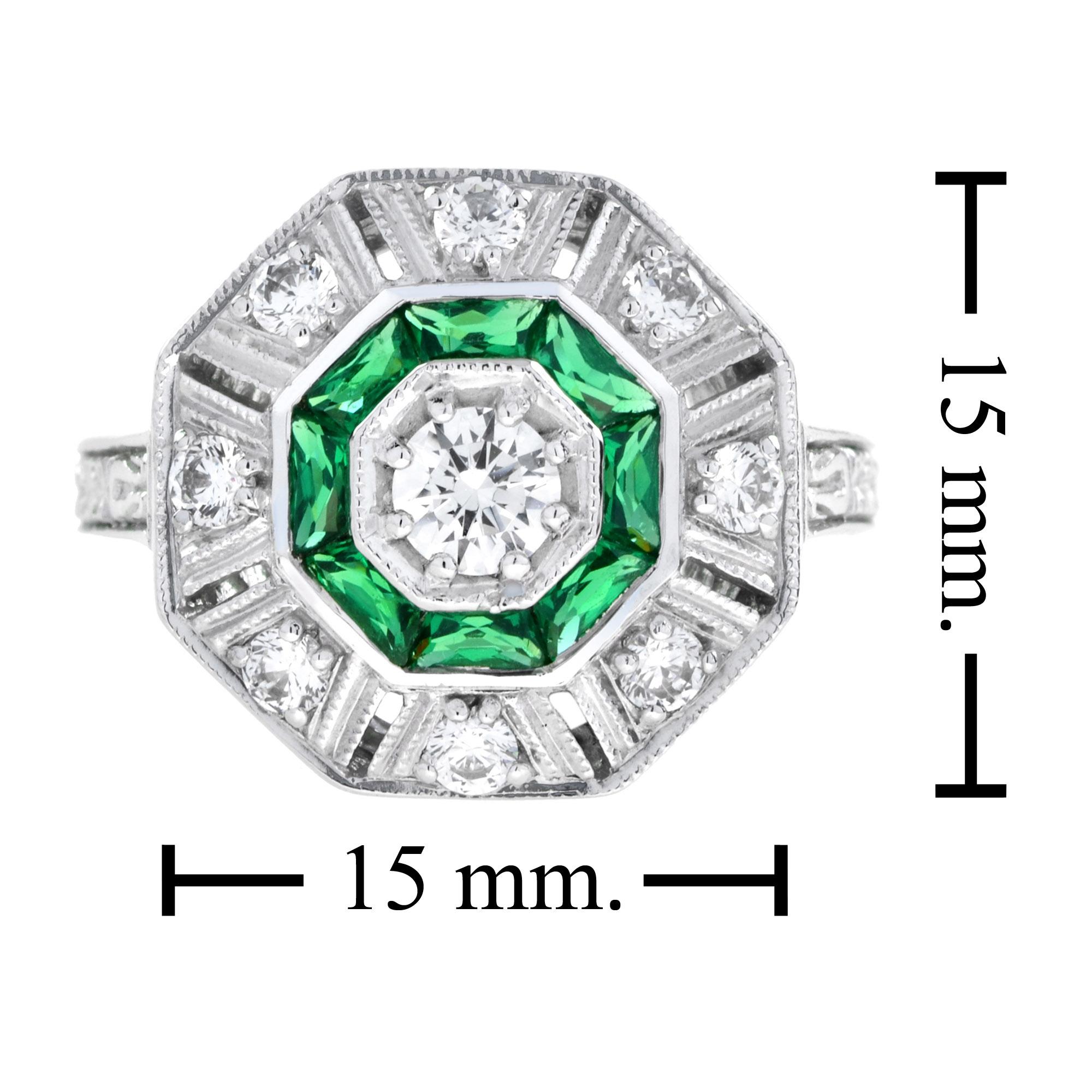 For Sale:  Diamond and Emerald Art Deco Style Octagon Target Ring in 18K White Gold  7