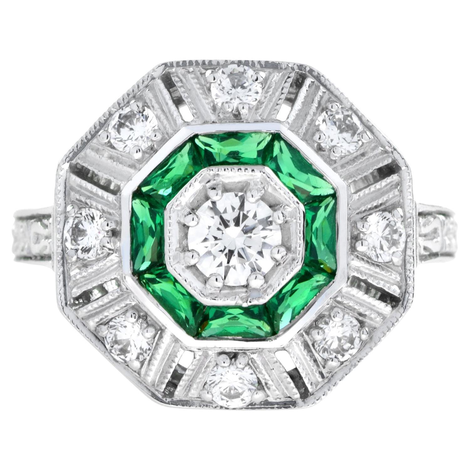 Diamond and Emerald Art Deco Style Octagon Target Ring in 18K White Gold 