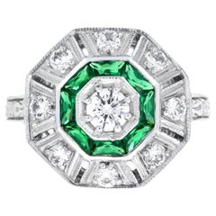 Diamond and Emerald Art Deco Style Octagon Target Ring in 18K White Gold 