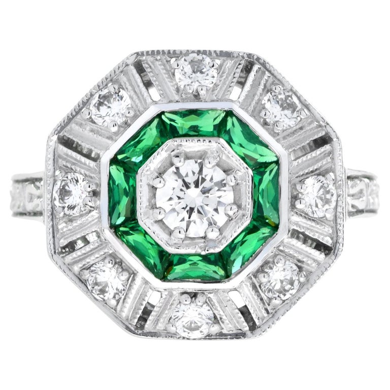 Octagon Target Customizable Diamond and Emerald Art Deco Style Octagon Target Ring in ...