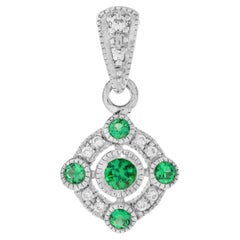 Nova Penta Emerald and Diamond Art Deco Style Pendant in 18K White Gold