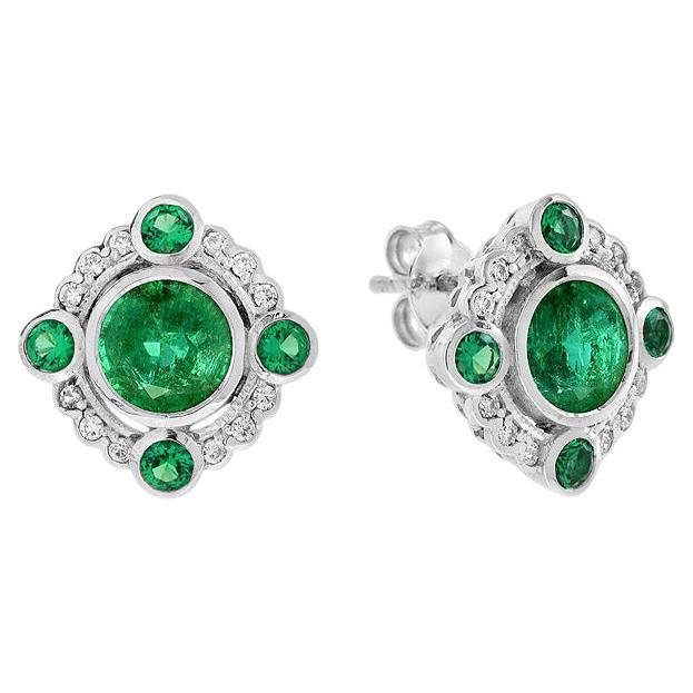 Nova Penta Emerald and Diamond Halo Art Deco Style Stud Earrings in 14K Gold