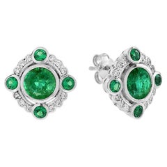 Nova Penta Emerald and Diamond Halo Art Deco Style Stud Earrings in 14K White Go