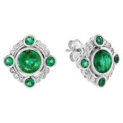 Nova Penta Emerald and Diamond Halo Art Deco Style Stud Earrings in Platinum