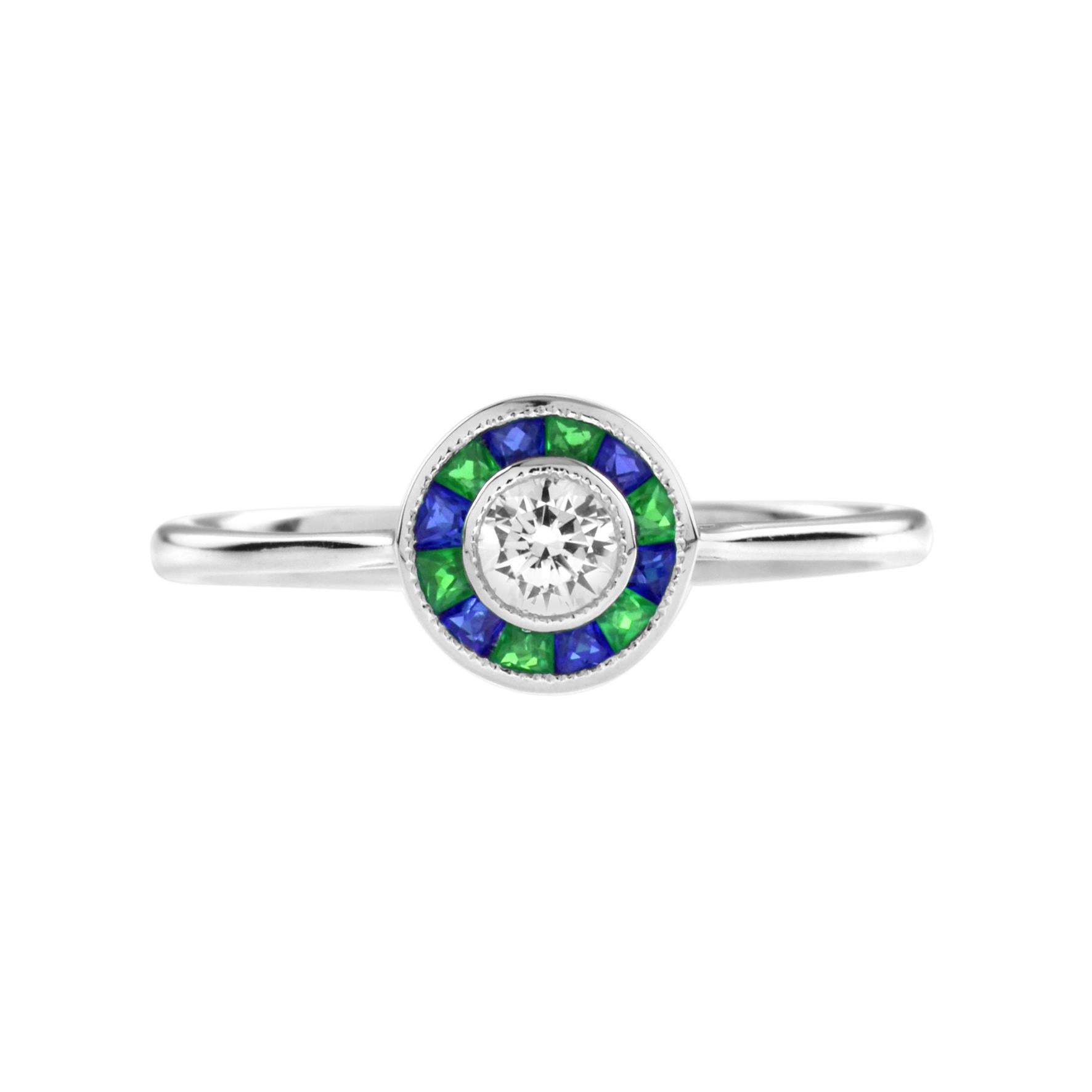 Set aus Ring und Ohrringen im Art-Déco-Stil mit Diamanten, Smaragd und Saphiren (Rundschliff) im Angebot