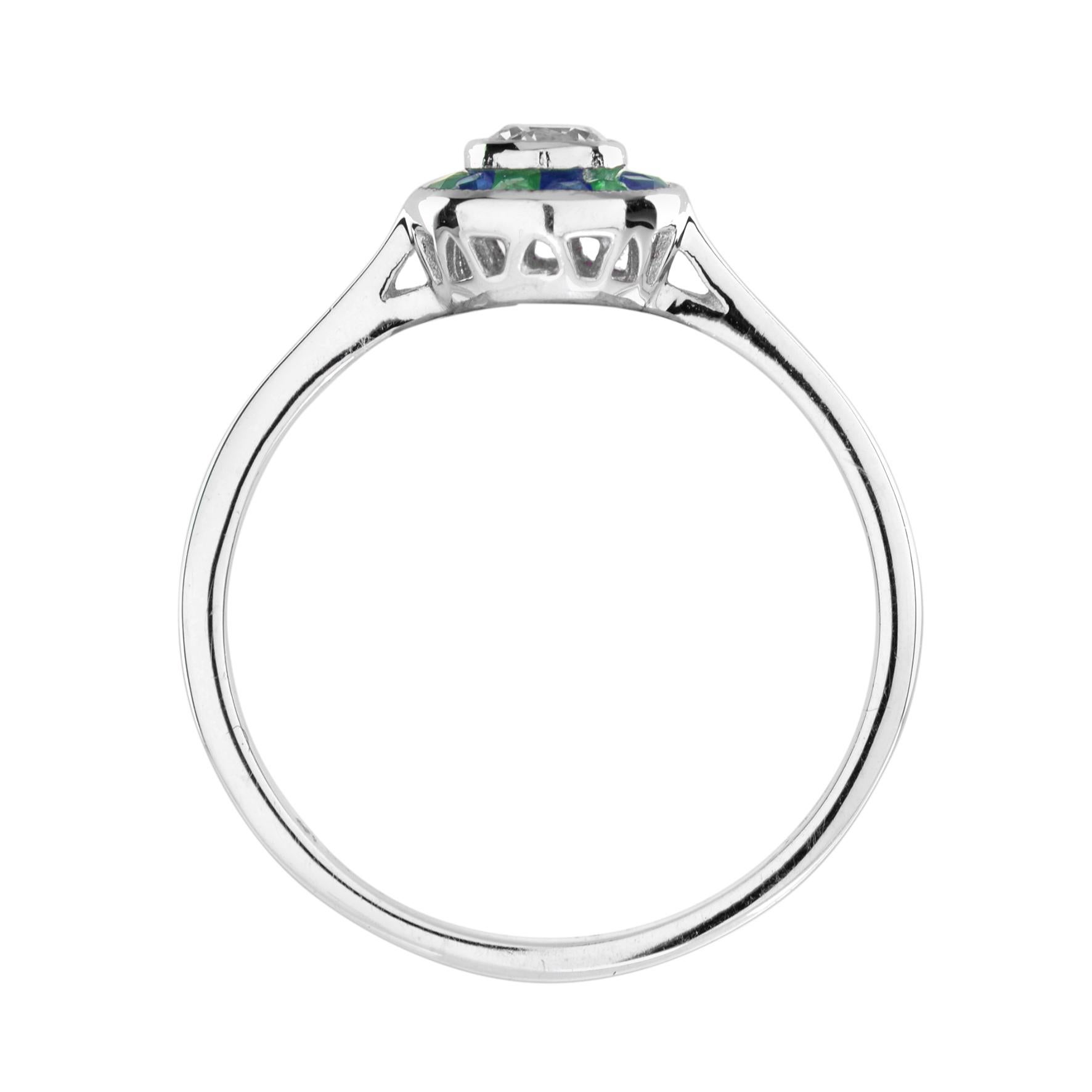 Art Deco Style Diamond with Emerald and Sapphire Ring and Earrings Set For Sale 3
