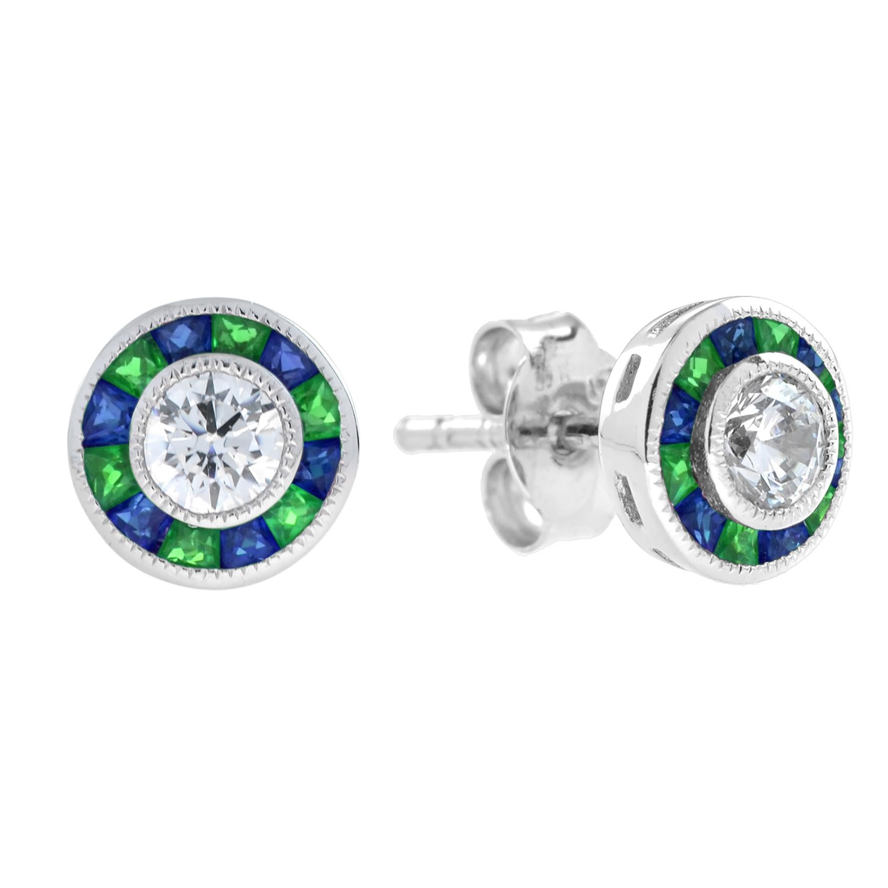 Art Deco Style Diamond with Emerald and Sapphire Ring and Earrings Set For Sale 5