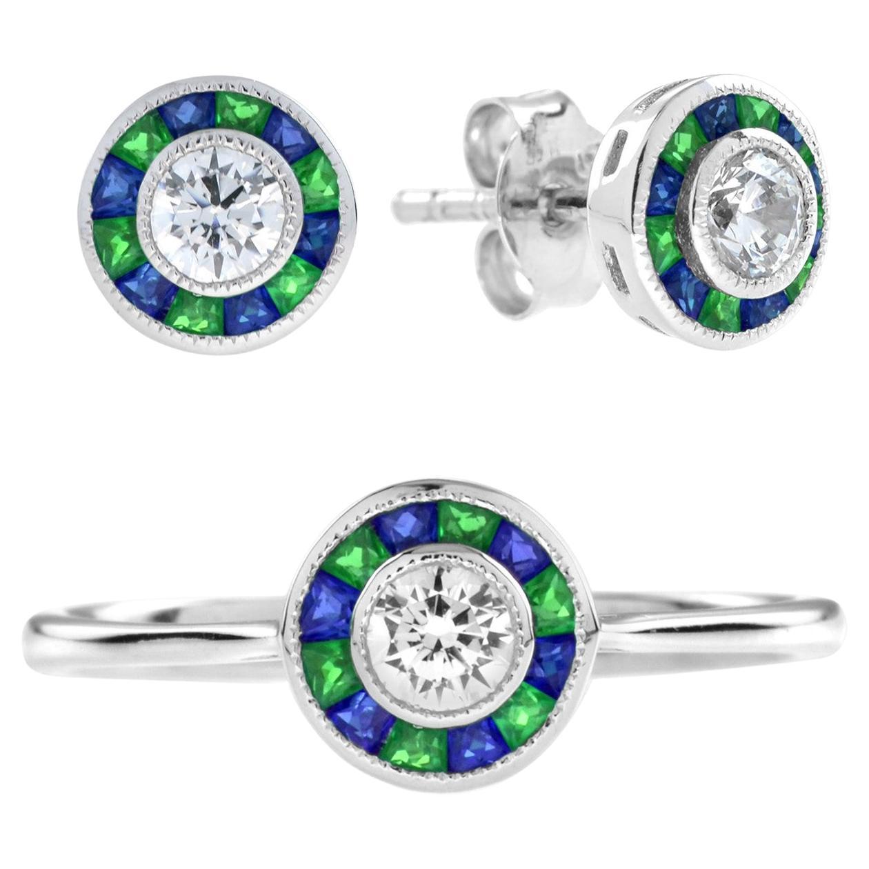 Art Deco Style Diamond with Emerald and Sapphire Ring and Earrings Set For Sale