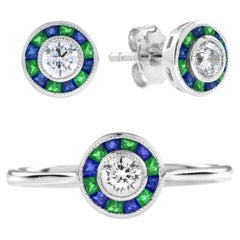 Set aus Ring und Ohrringen im Art-Déco-Stil mit Diamanten, Smaragd und Saphiren