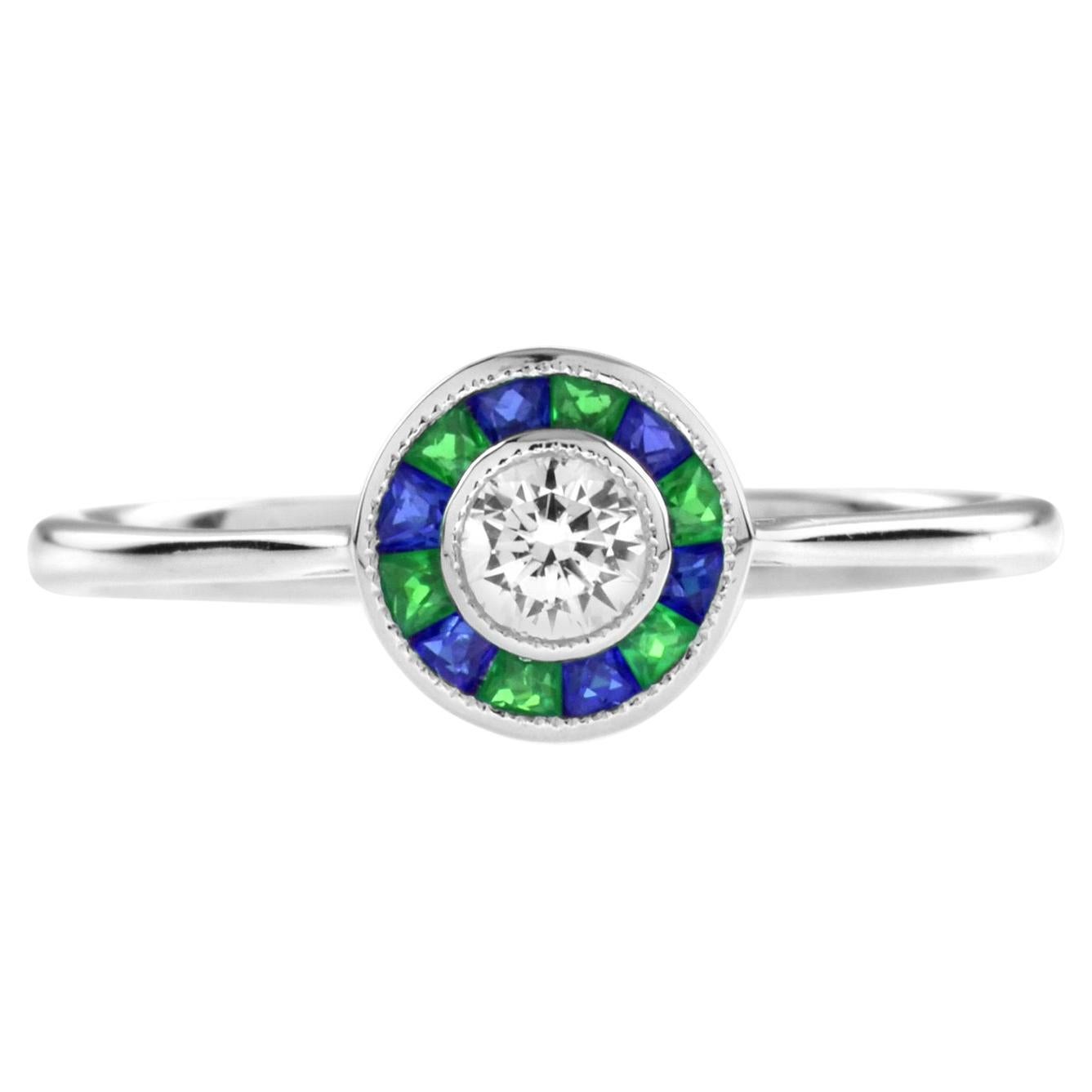Art Deco Style Diamond with Emerald and Sapphire Target Ring in 18K Gold