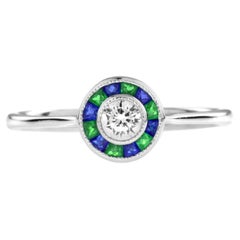 Art Deco Style Diamond with Emerald and Sapphire Target Ring in 18K Gold