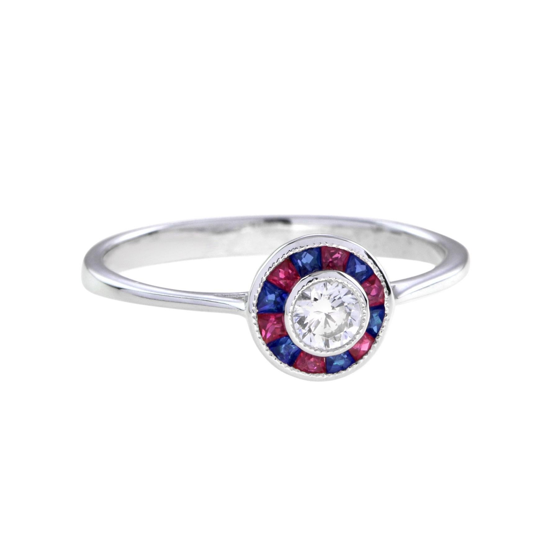 For Sale:  Art Deco Style 3.5 mm. Diamond with Ruby and Sapphire Target Ring in White Gold 3