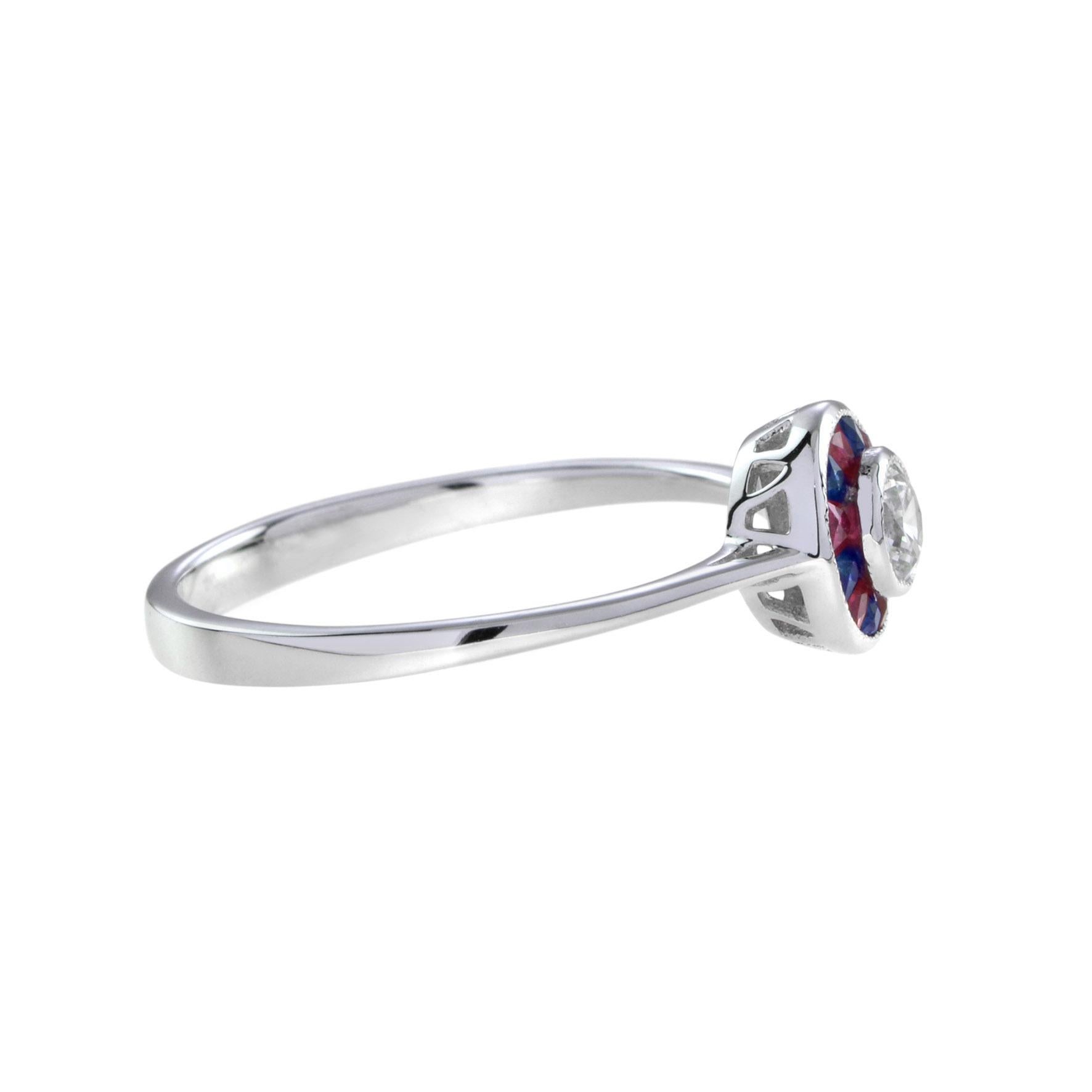 For Sale:  Art Deco Style 3.5 mm. Diamond with Ruby and Sapphire Target Ring in White Gold 4