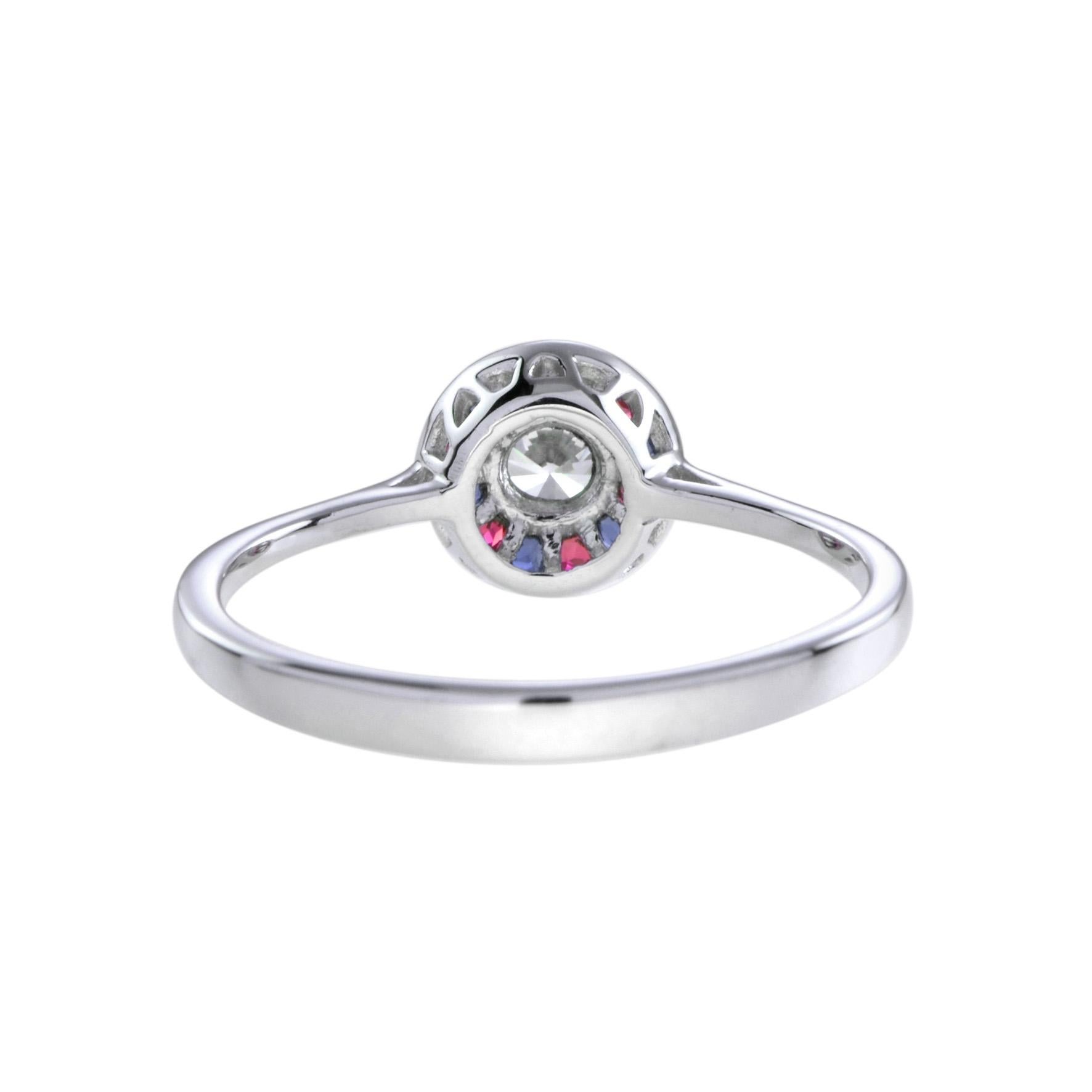 For Sale:  Art Deco Style 3.5 mm. Diamond with Ruby and Sapphire Target Ring in White Gold 5
