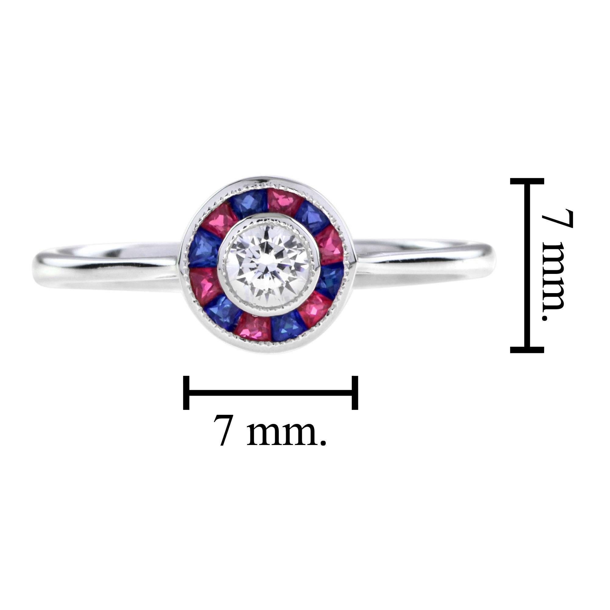 For Sale:  Art Deco Style 3.5 mm. Diamond with Ruby and Sapphire Target Ring in White Gold 7