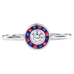 Art Deco Style 3.5 mm. Diamond with Ruby and Sapphire Target Ring in White Gold