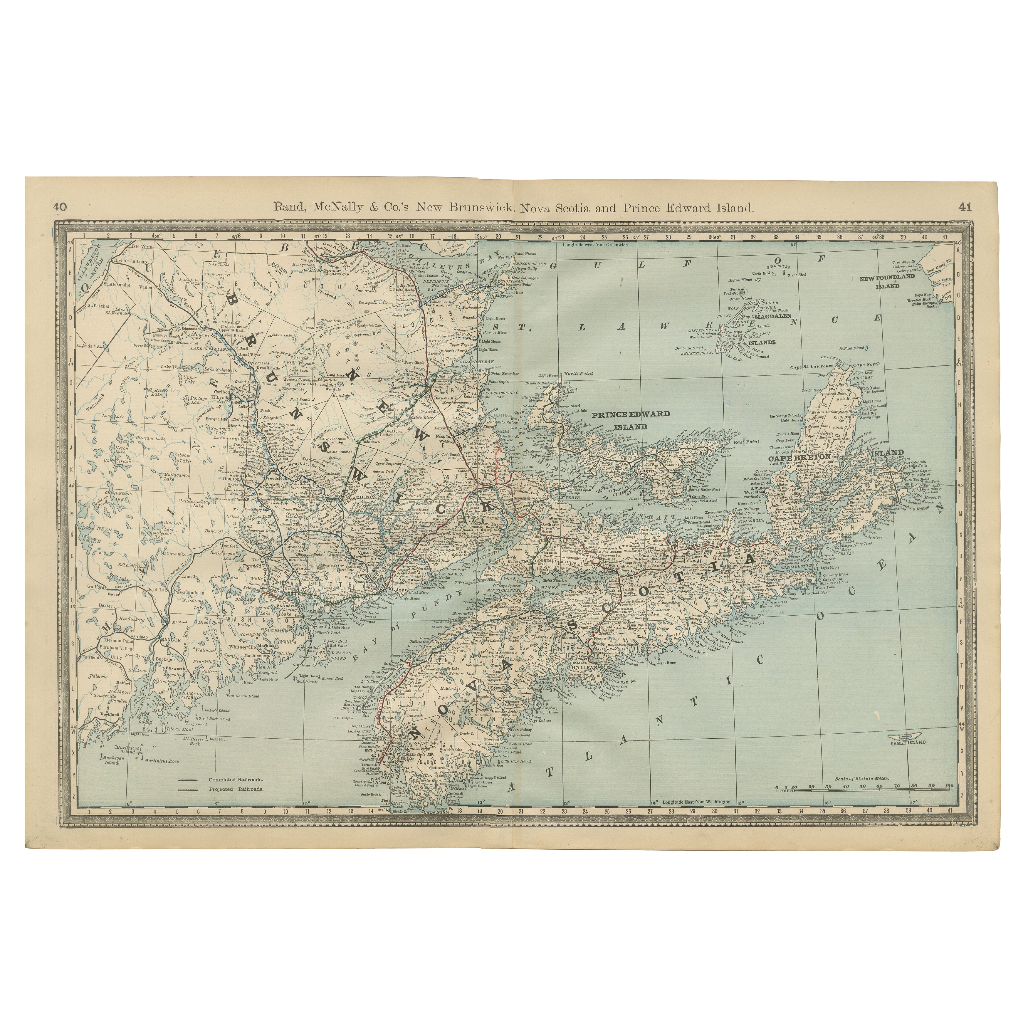 Nueva Escocia, Nuevo Brunswick e Isla del Príncipe Eduardo Mapa antiguo c.1888