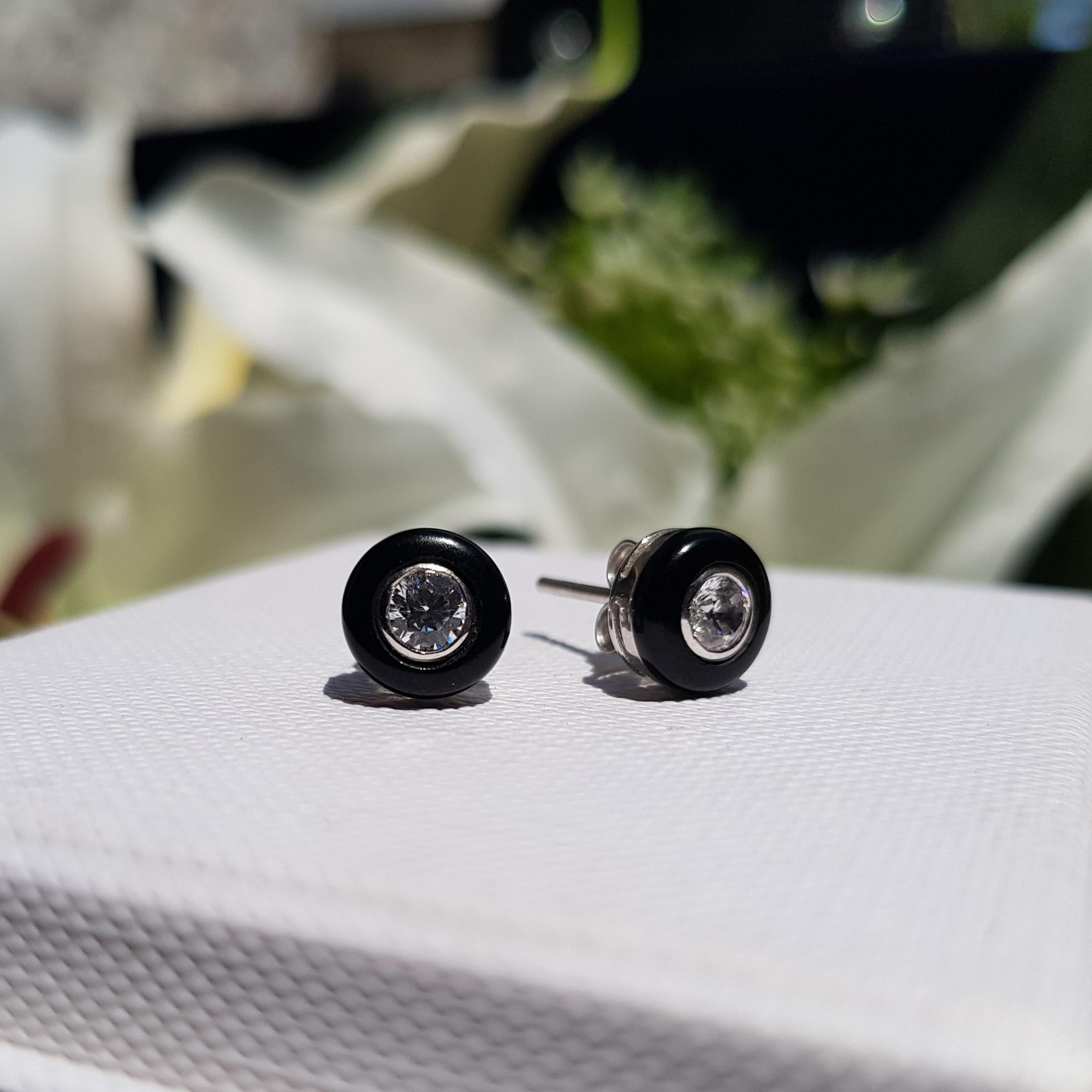 These Art-Deco stud earrings are completely spectacular! The onyx is a specialty cut to surround the excellent round brilliant cut center diamond, which is in a thin bezel. Crafted in 14k white gold.

Information
Style: Art Deco
Metal: 14K White