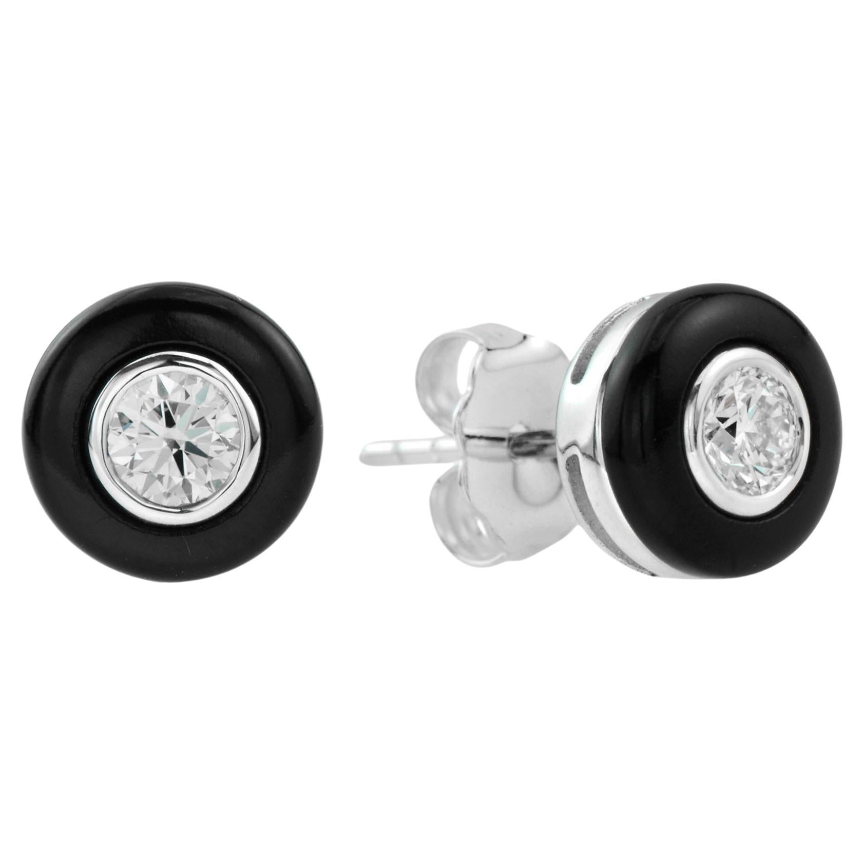 Nova Single Art Deco Round Diamond with Onyx Stud Earrings in 14K White Gold