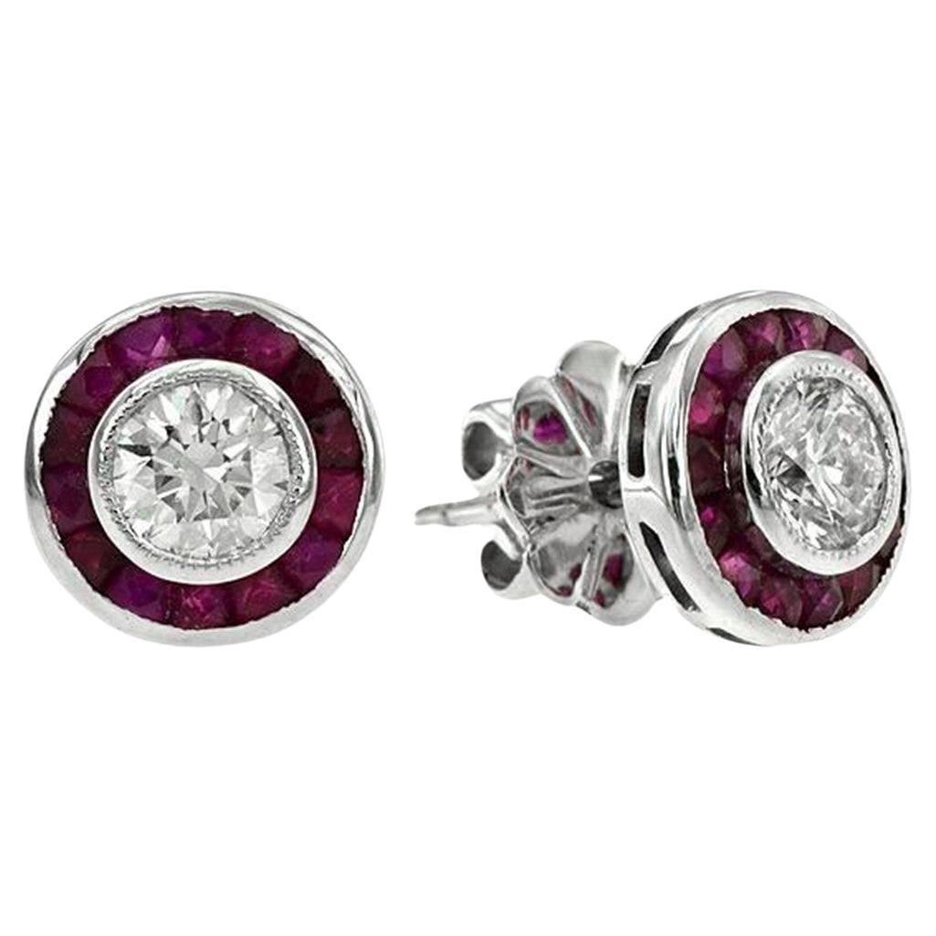 Nova S Art Deco Style Round Diamond with Ruby Stud Earrings in 18K White Gold For Sale