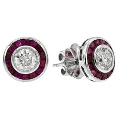 Nova S Art Deco Style Round Diamond with Ruby Stud Earrings in 18K White Gold