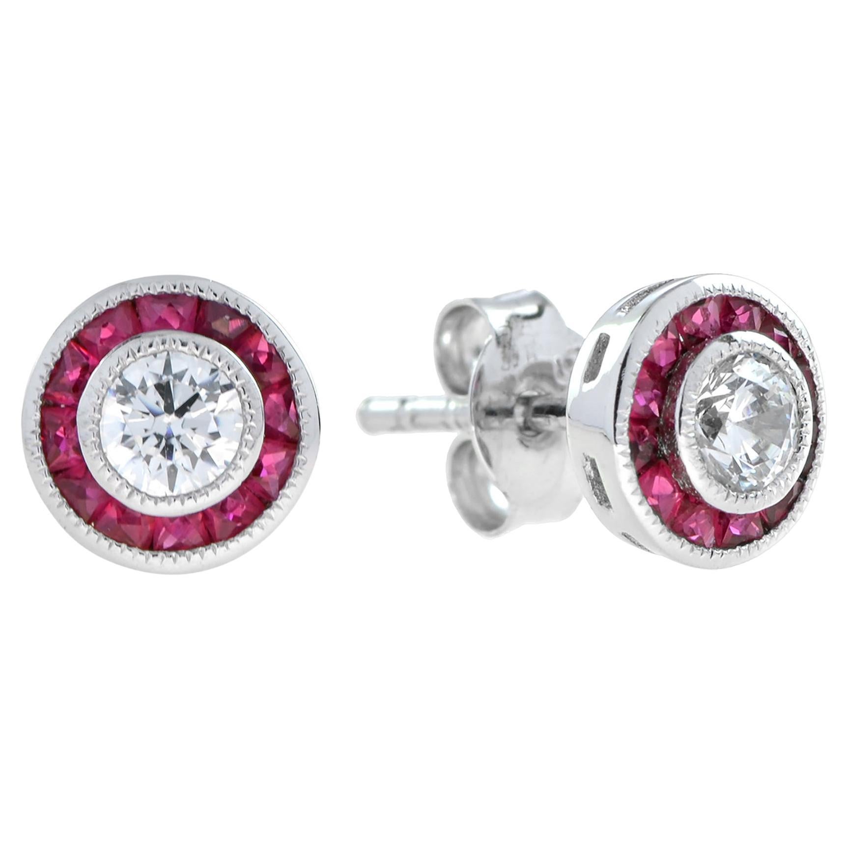 Art Deco Round Diamond with Ruby Stud Earrings in 18K White Gold