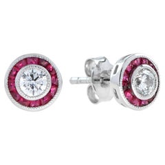 Art Deco Round Diamond with Ruby Stud Earrings in 18K White Gold