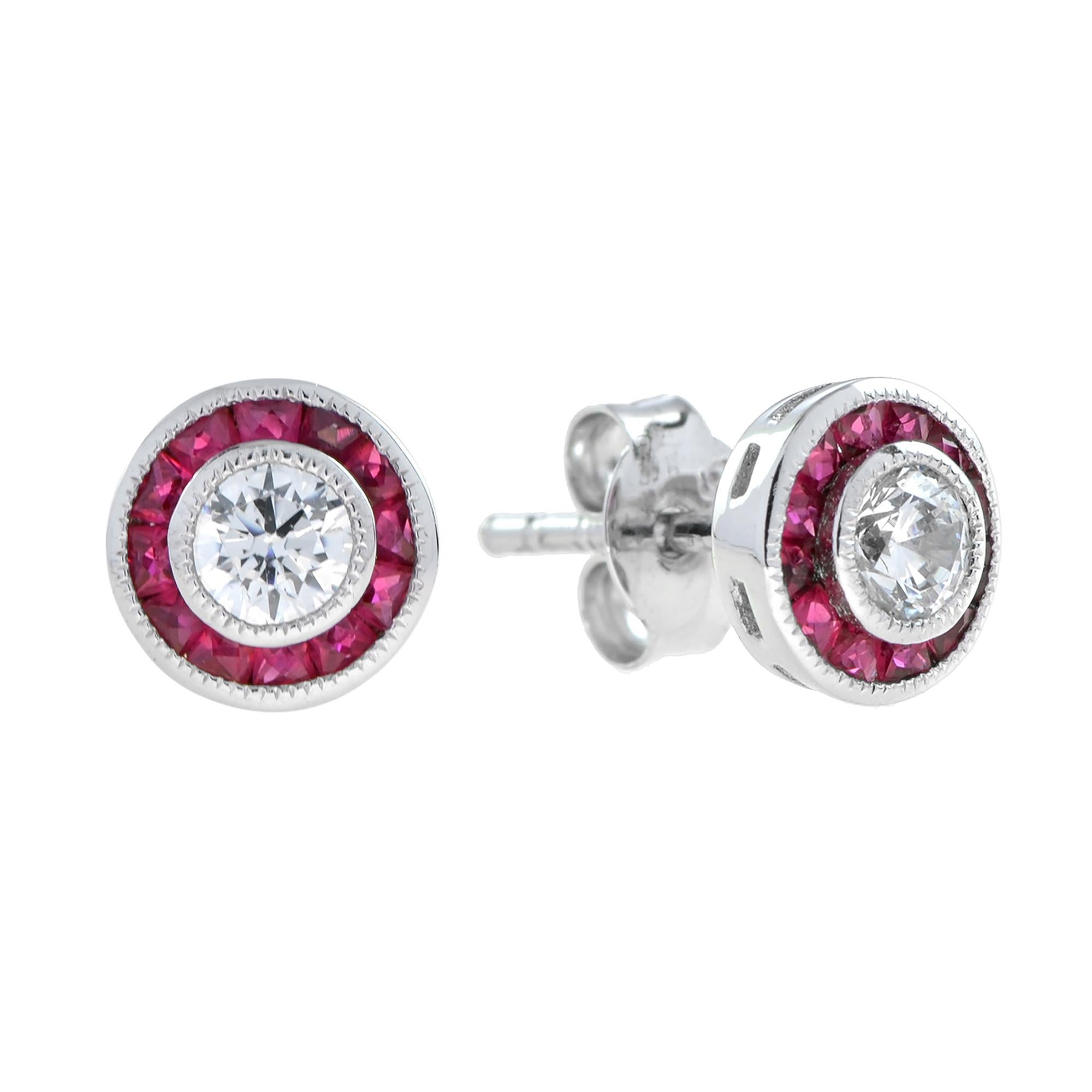 Art Deco Style Diamond and Ruby Target Ring & Earrings in White Gold For Sale 5
