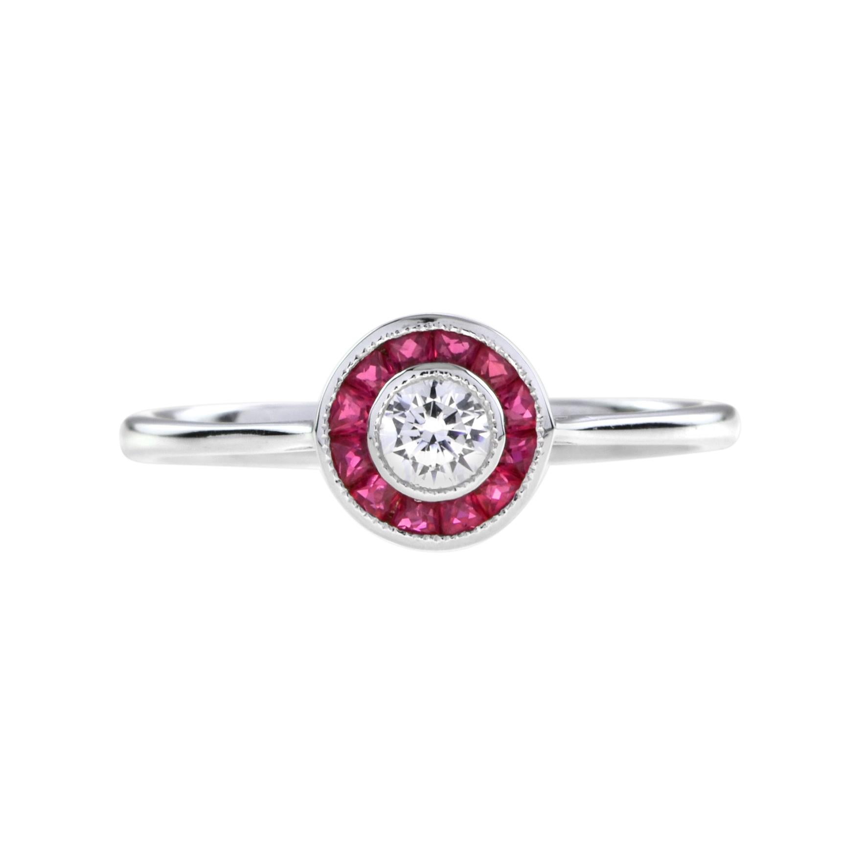 Diamond and ruby target ring and stud earrings, rub-over-set to the center with a round brilliant cut diamond surrounded by French cut rubies, all set in 18k white gold. Gorgeous diamond and ruby target set, made in the style of Art Deco ring and