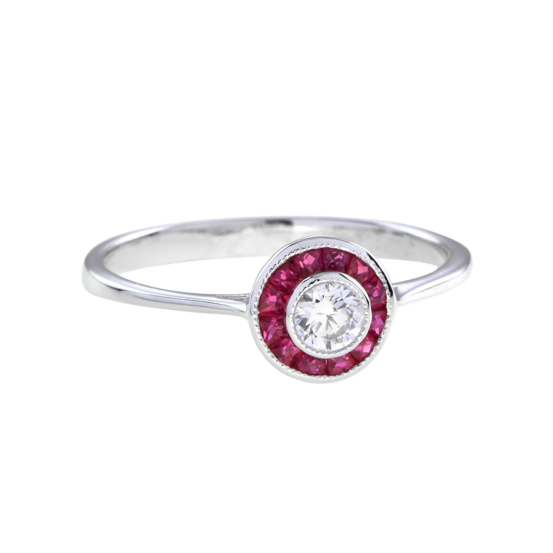 Round Cut Art Deco Style Diamond and Ruby Target Ring & Earrings in White Gold For Sale